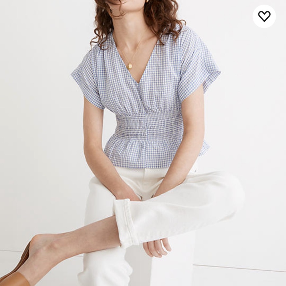 Madewell NWT v neck  smocked waist top in gingham sear sucker